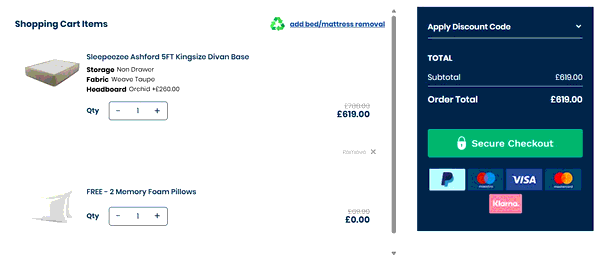 BedStar shopping basket screenshot