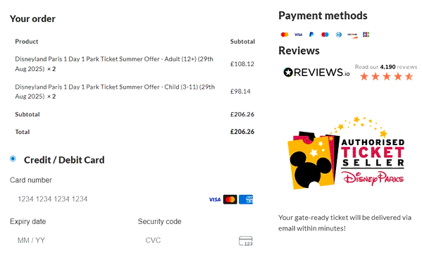 Attractiontix shopping basket screenshot