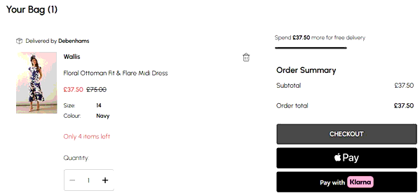 Wallis shopping basket screenshot