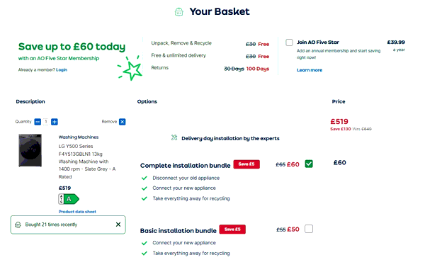 AO shopping basket screenshot