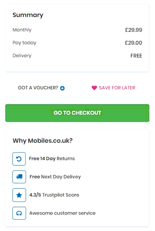 Mobiles.co.uk shopping basket screenshot