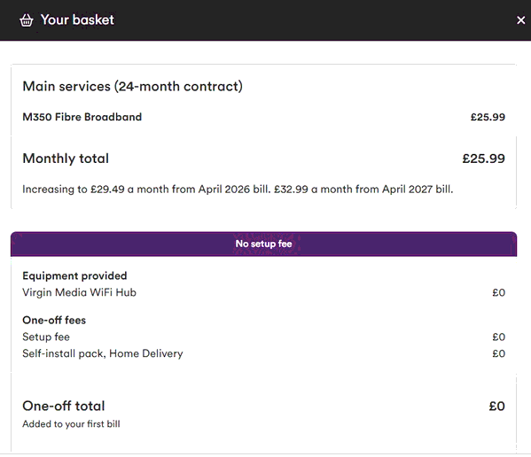 Virgin Media shopping basket screenshot