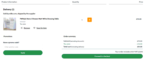 Wilko shopping basket screenshot