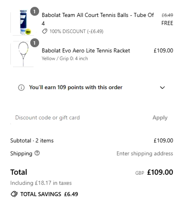 Sweatband shopping basket screenshot