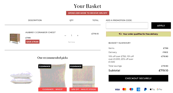 Feather and Black shopping basket screenshot
