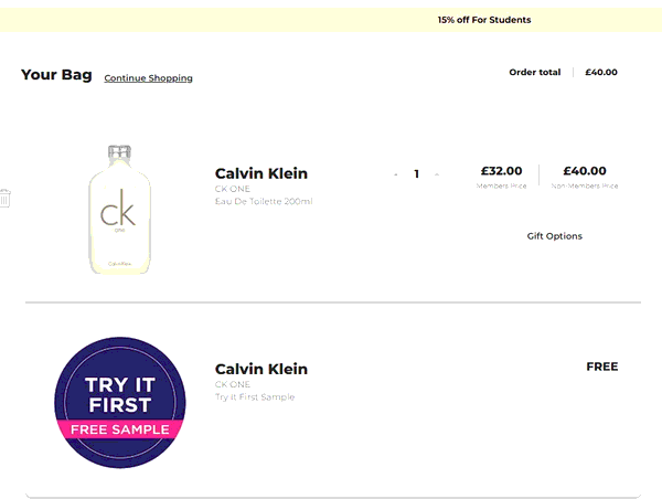 Fragrance Shop shopping basket screenshot