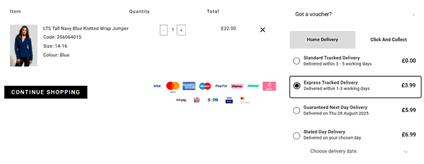 Long Tall Sally shopping basket screenshot