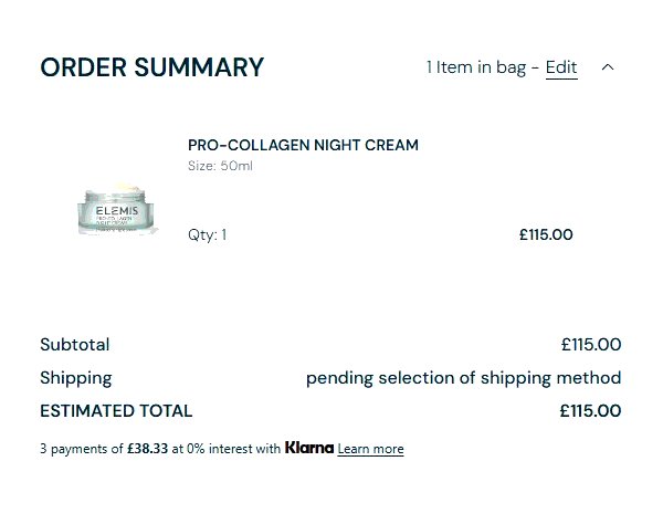 Elemis shopping basket screenshot