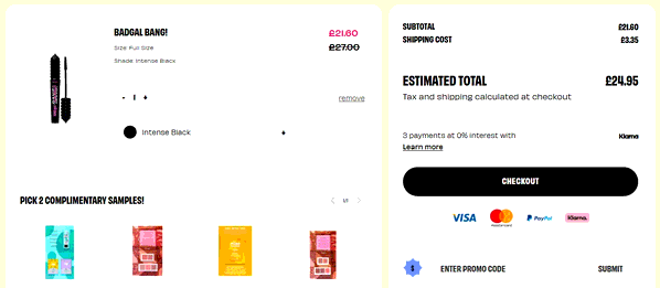 Benefit Cosmetics shopping basket screenshot