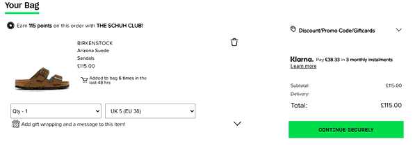 Schuh shopping basket screenshot