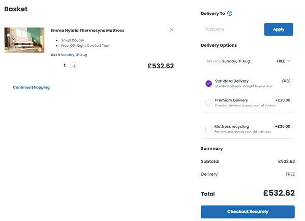 Mattress Online shopping basket screenshot