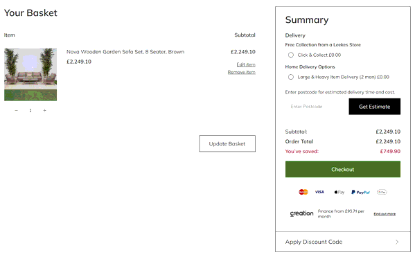 Leekes shopping basket screenshot