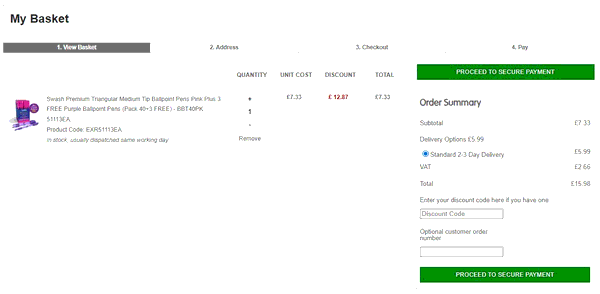 Office Stationery shopping basket screenshot