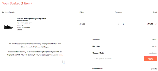 Start-Rite shopping basket screenshot