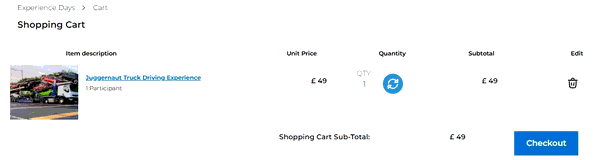 Experience Days shopping basket screenshot