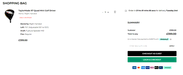 Scottsdale Golf shopping basket screenshot