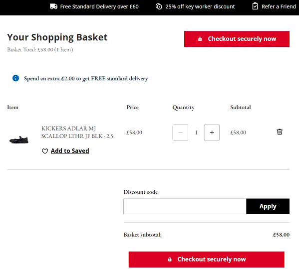 Kickers shopping basket screenshot