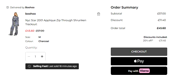boohoo shopping basket screenshot