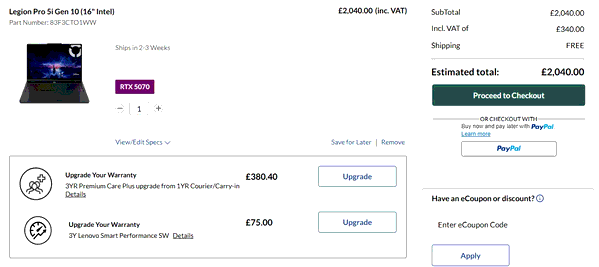 Lenovo shopping basket screenshot