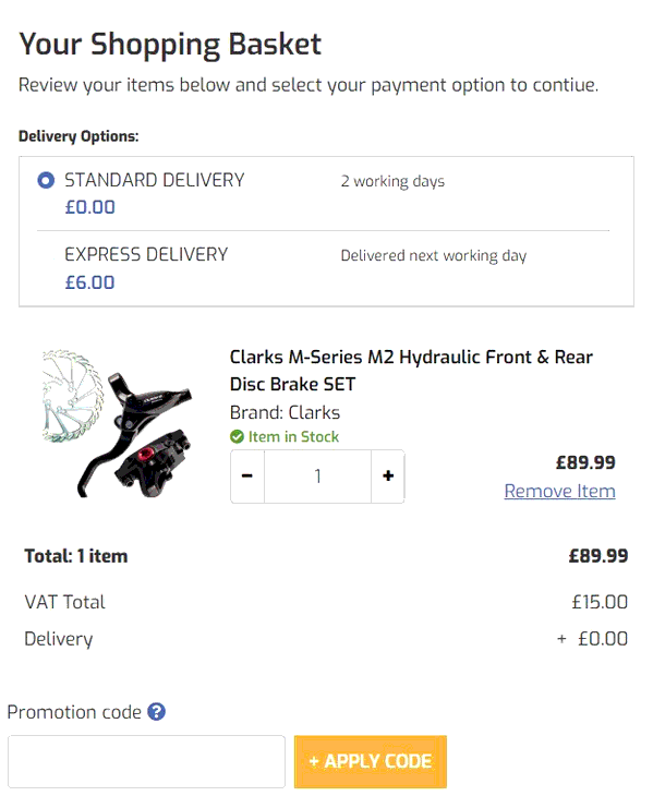 AW Cycles shopping basket screenshot