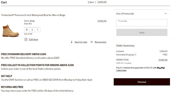 Timberland shopping basket screenshot