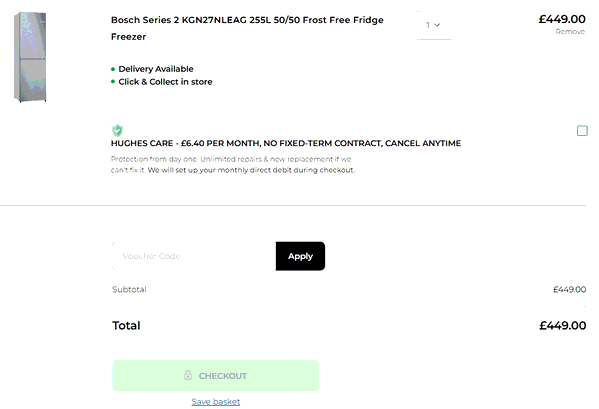 Hughes Electricals shopping basket screenshot