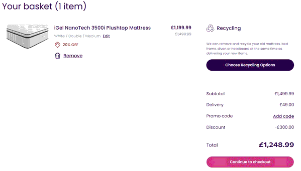Bensons For Beds shopping basket screenshot
