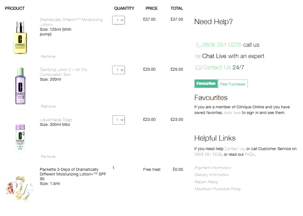 Clinique shopping basket screenshot