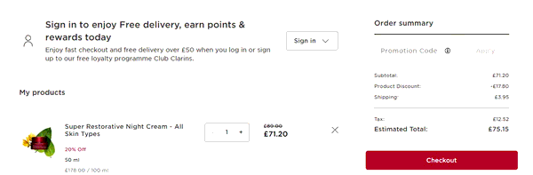 Clarins shopping basket screenshot
