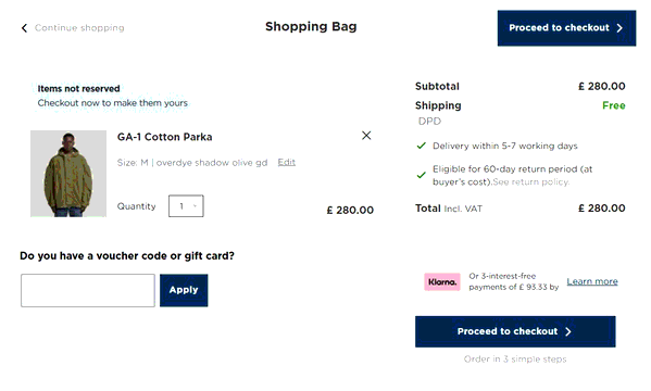 G-Star shopping basket screenshot