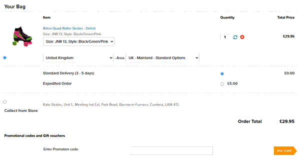 Kates Skates shopping basket screenshot