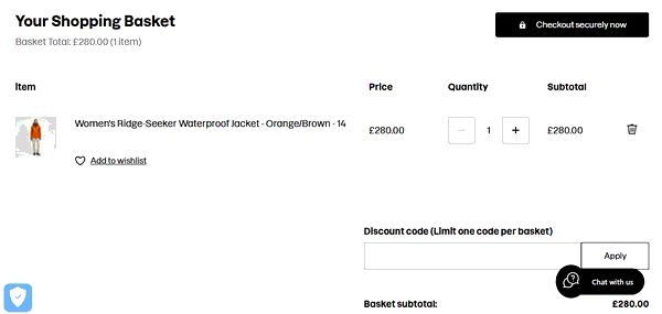 Berghaus shopping basket screenshot