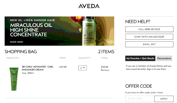 Aveda shopping basket screenshot