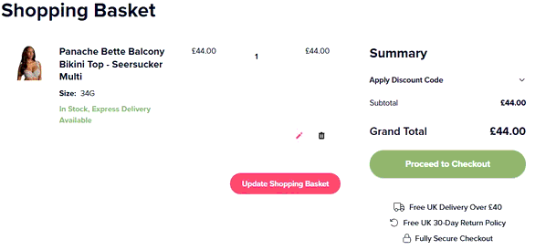 Belle Lingerie shopping basket screenshot