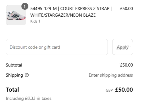 K-Swiss shopping basket screenshot