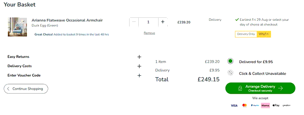 Dunelm shopping basket screenshot
