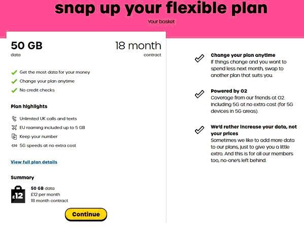 Giffgaff shopping basket screenshot