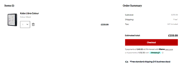 Kobo shopping basket screenshot