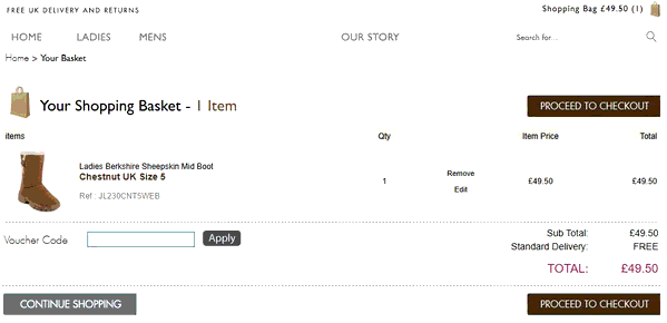 Just Sheepskin shopping basket screenshot