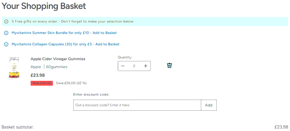 Myvitamins shopping basket screenshot