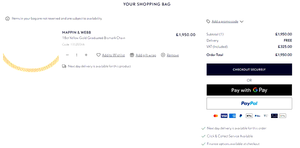 Mappin & Webb shopping basket screenshot