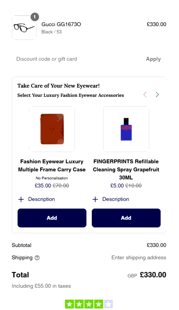 Fashion Eyewear shopping basket screenshot