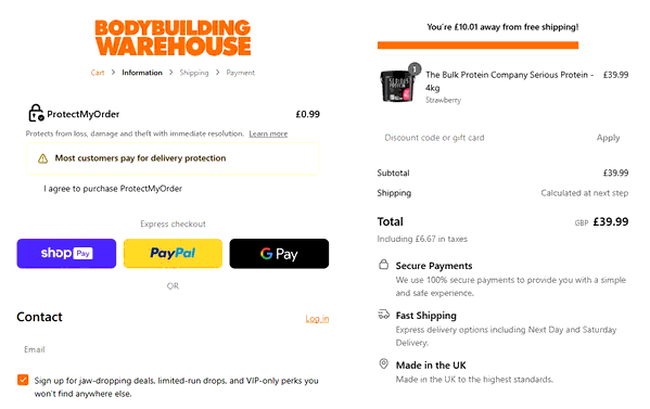 Bodybuilding Warehouse shopping basket screenshot
