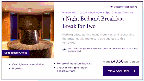 Spa Seekers shopping basket screenshot