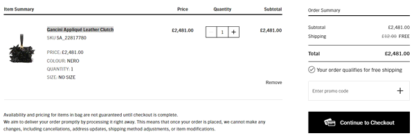 Saks Fifth Avenue shopping basket screenshot