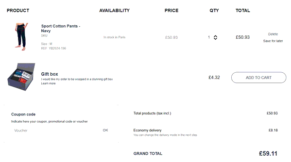 Inderwear shopping basket screenshot