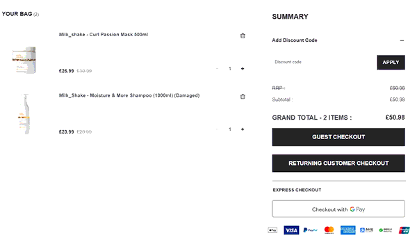 Unineed shopping basket screenshot