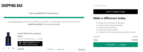 Perfume Shop shopping basket screenshot