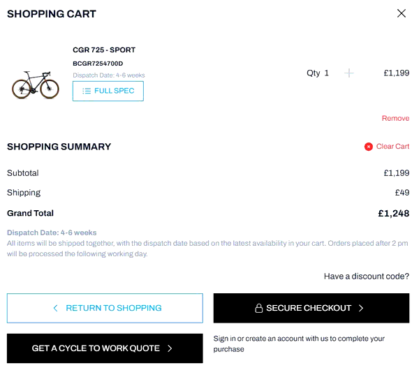 Ribble Cycles shopping basket screenshot
