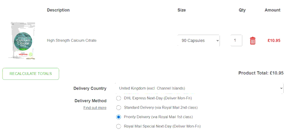 Just Vitamins shopping basket screenshot